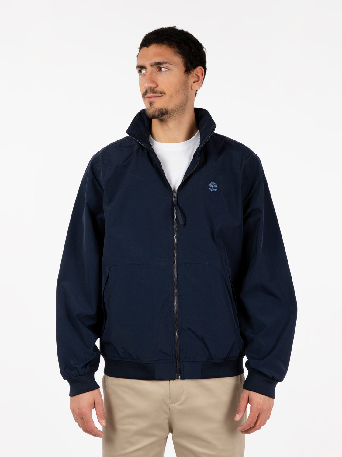 Water resistant dark sapphire bomber jacket