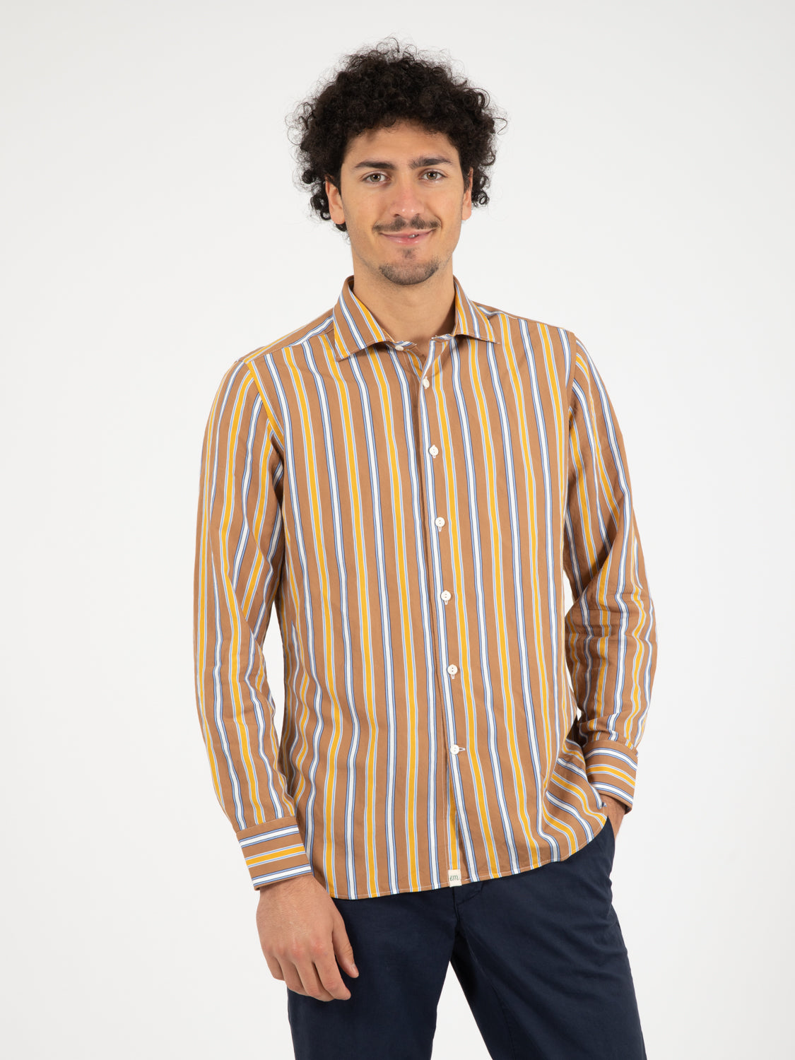Camicia marrone righe azzurro / bianco / ocra