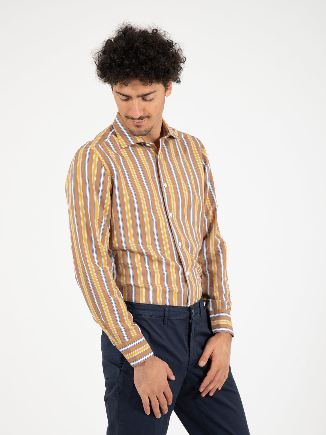Camicia marrone righe azzurro / bianco / ocra