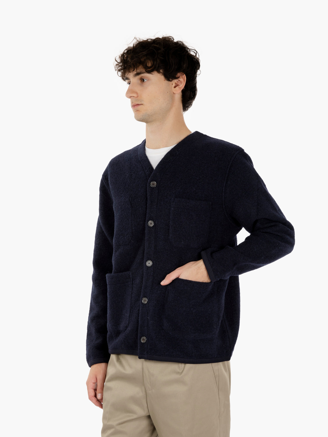 Navy Wool Fleece Cardigan