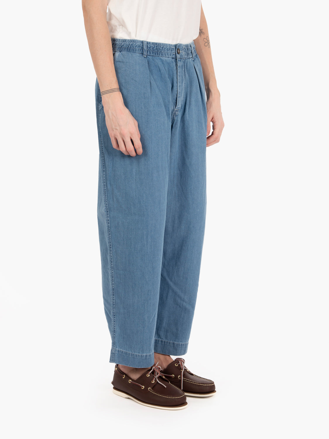 Indigo washed Oxford trousers