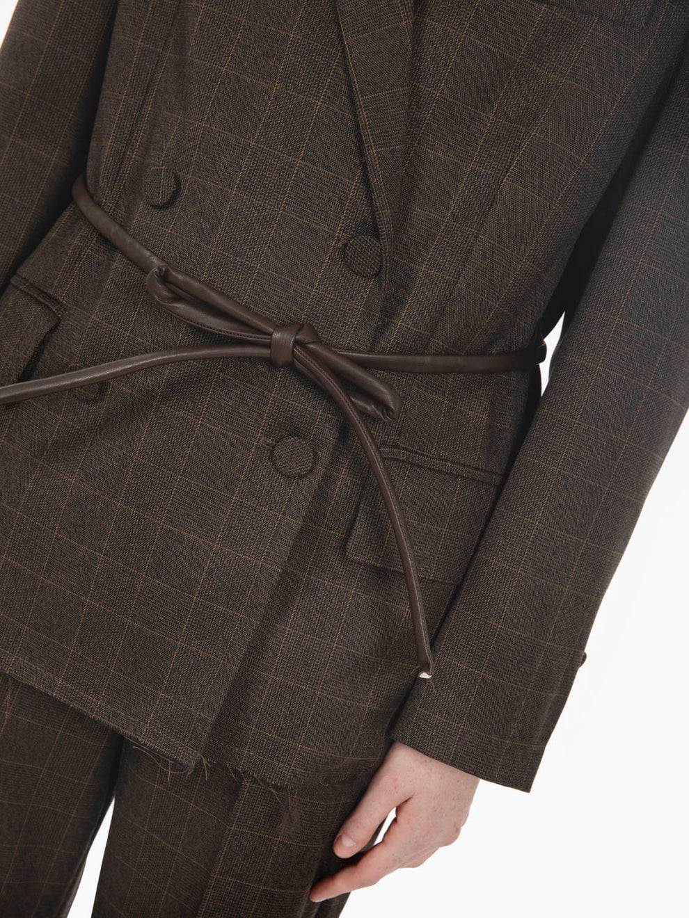 Check blazer with dark brown belt