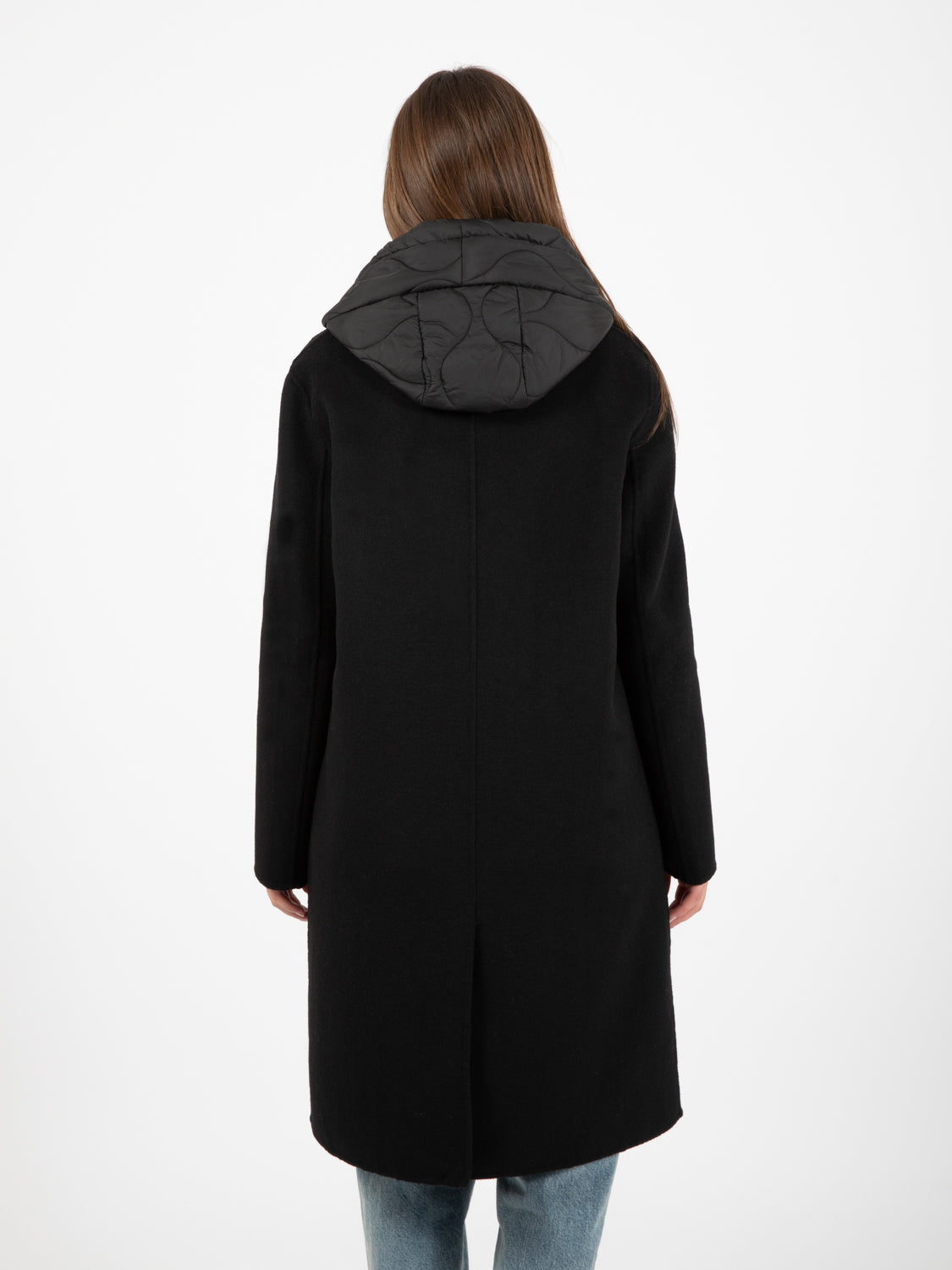 Cappotto doppiopetto con gilet piuma nero