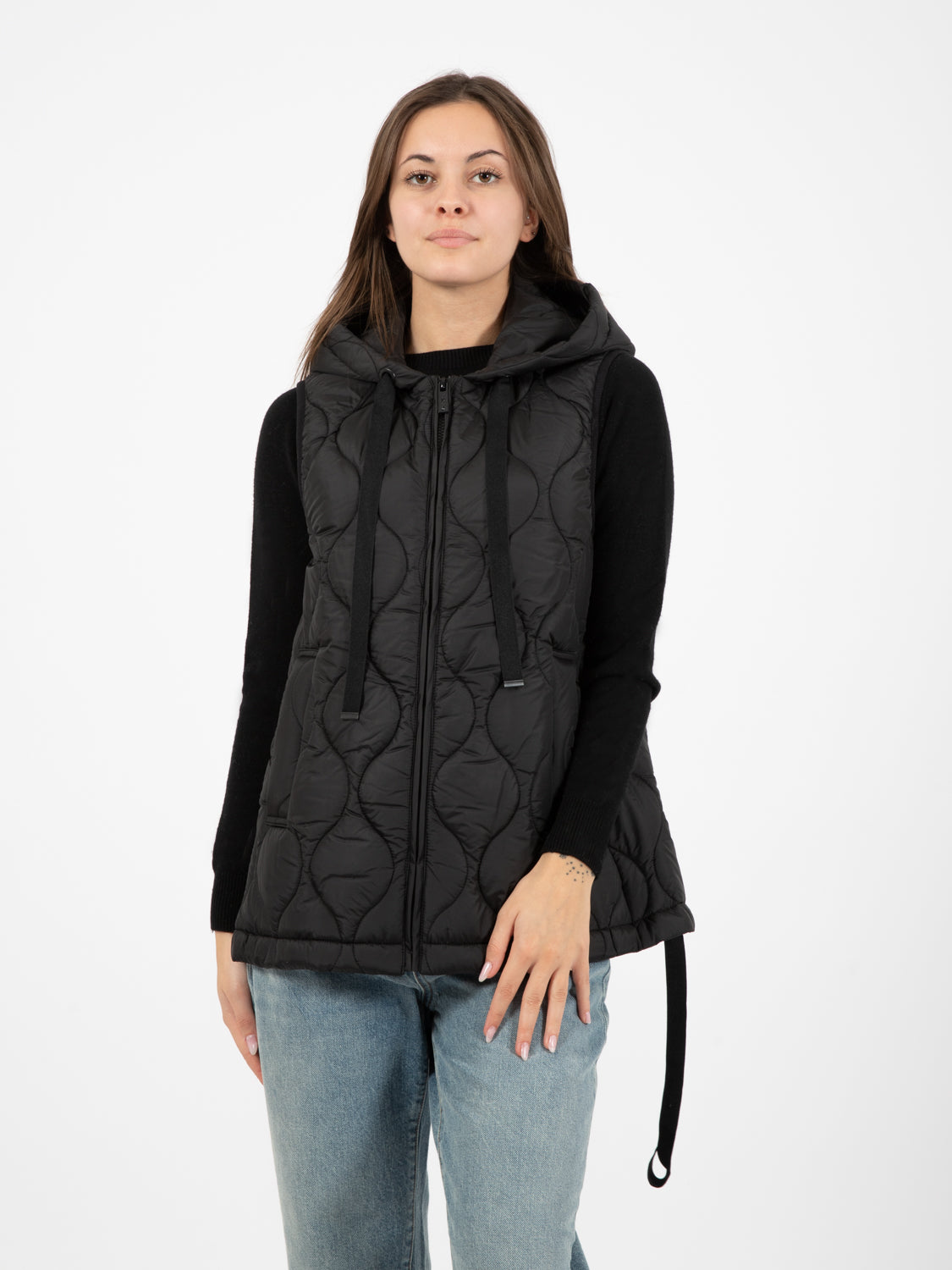 Cappotto doppiopetto con gilet piuma nero