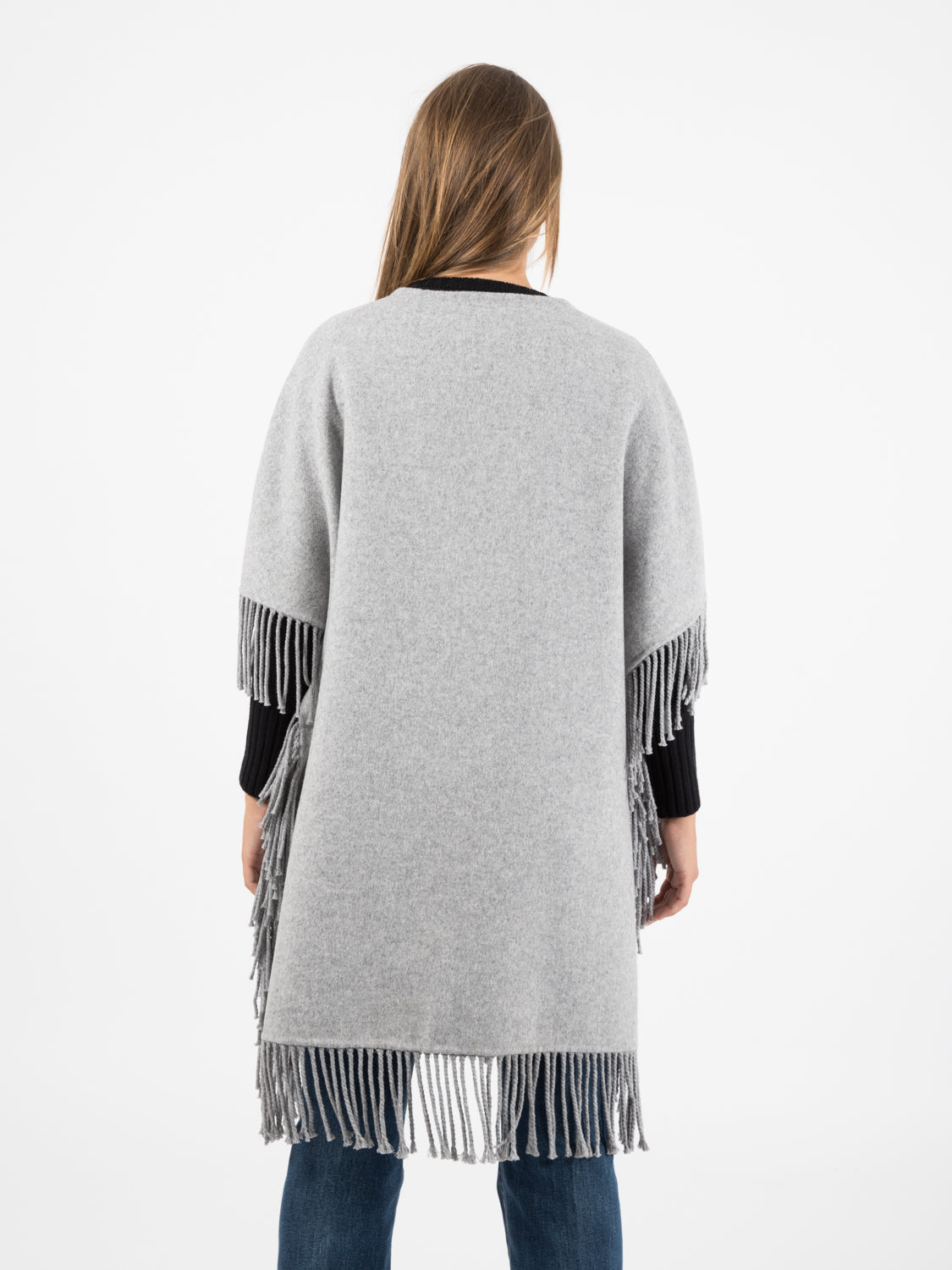 Cappotto in lana con frange grigio melange