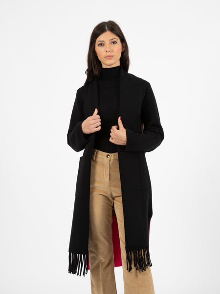 Cappotto in maglia con frange nero / cammello / fuxia