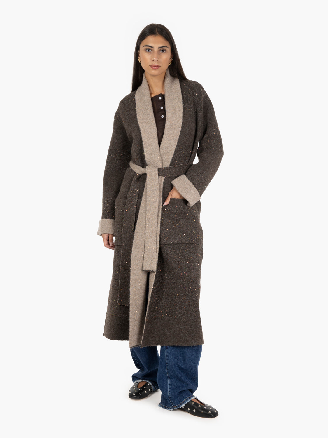 Vicolo Cappotto in maglia con paillettes moro beige STIMM