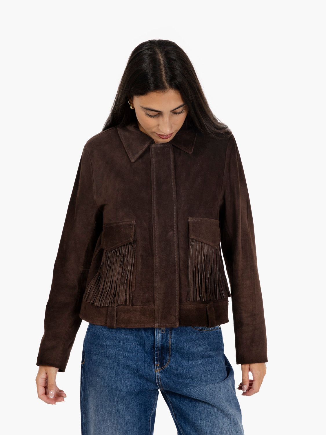 Frange Giacca Jeans Vicolo Vicolo Dark Brown Suede Jacket With Fringes