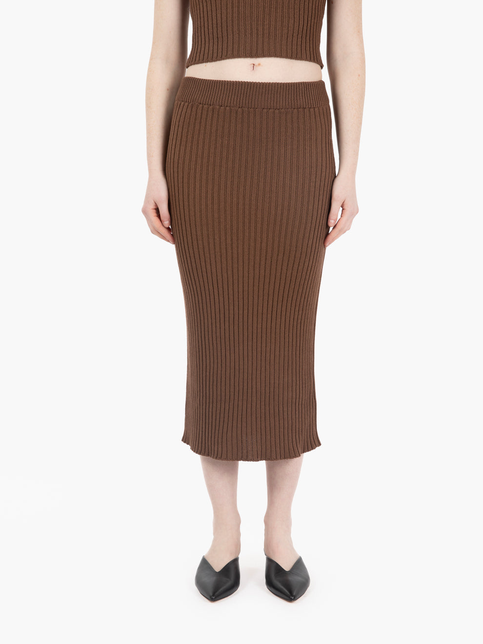 Tobacco ribbed midi skirt