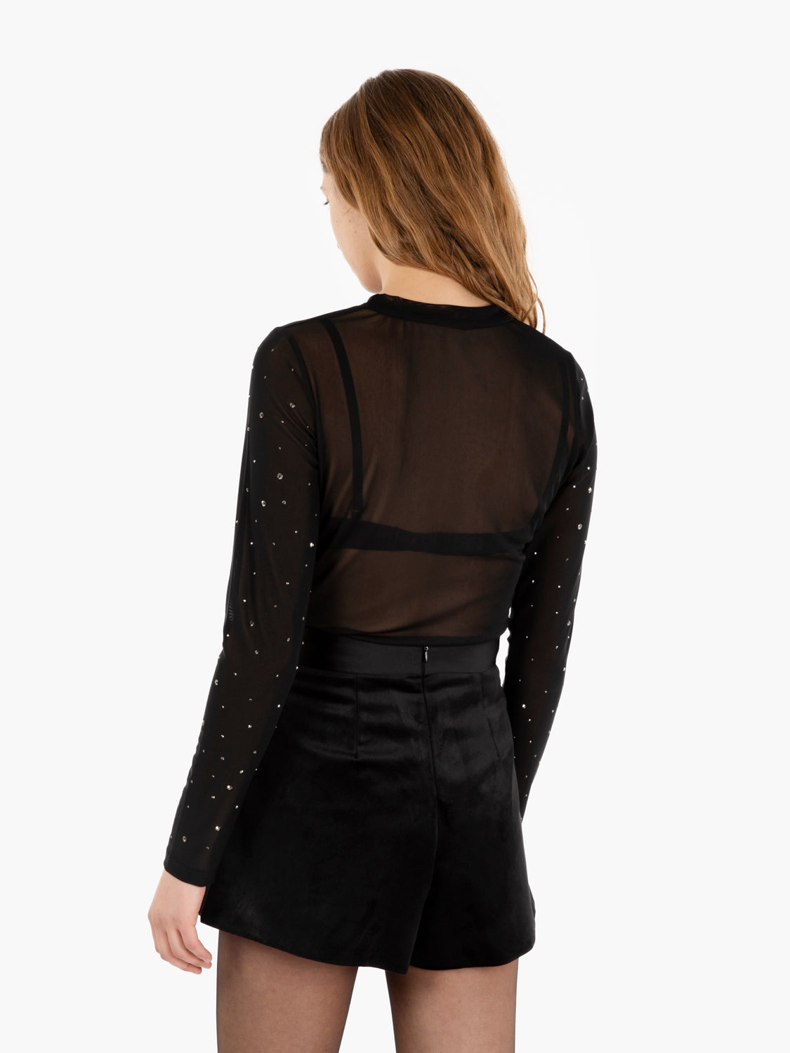 Maglia in tulle con strass nero