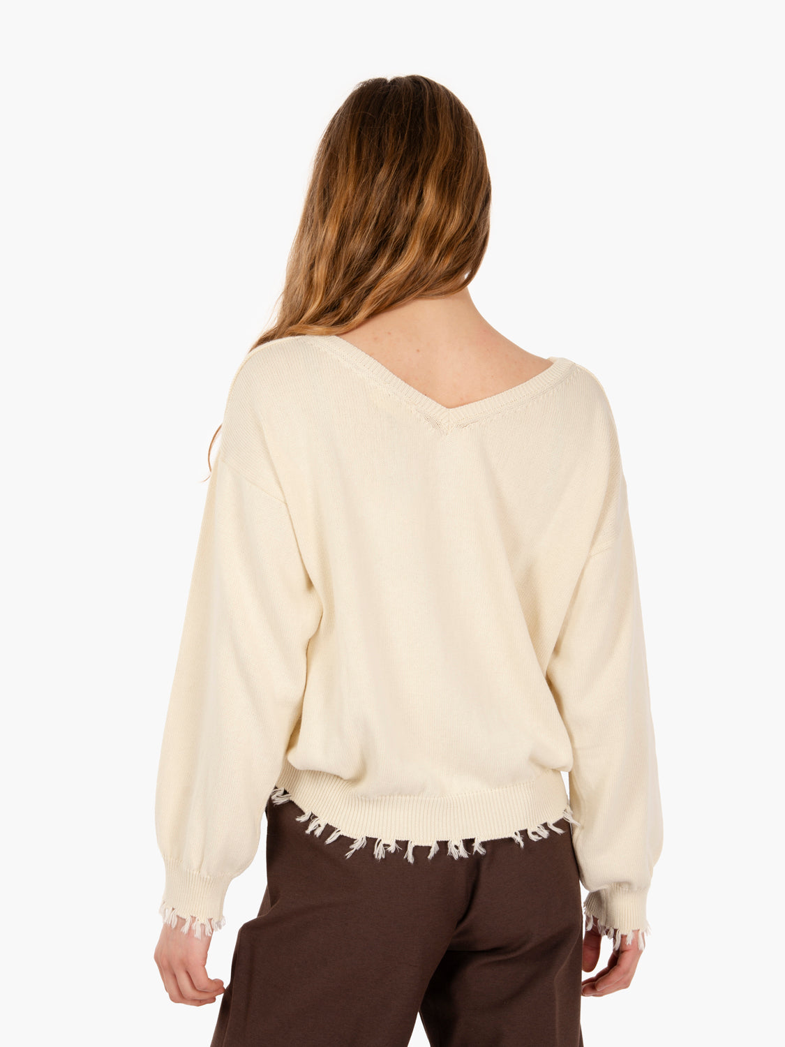 White frayed hem cotton sweater