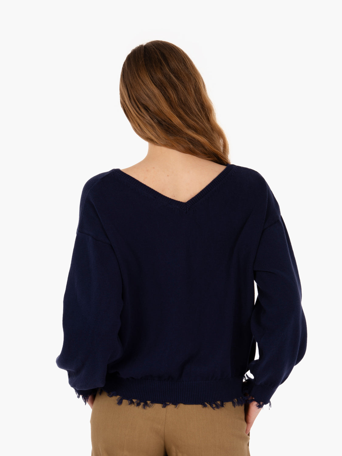Blue frayed hem cotton sweater