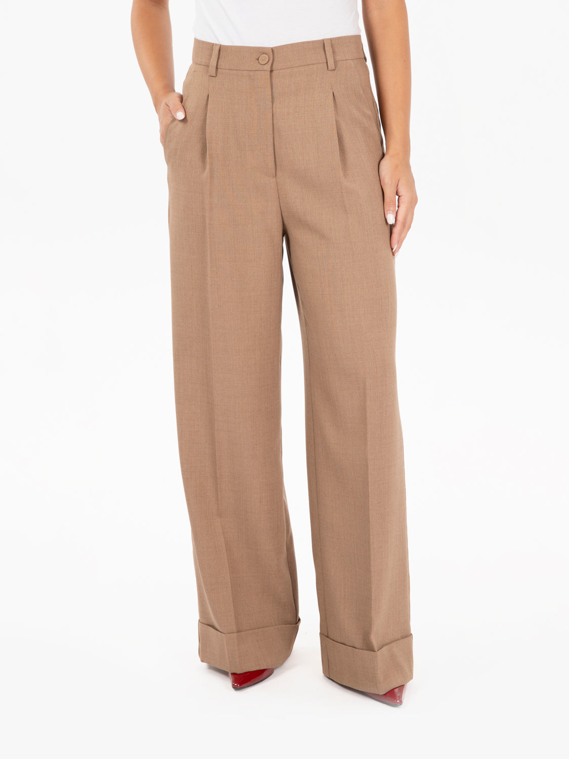Pantaloni palazzo con risvolto beige