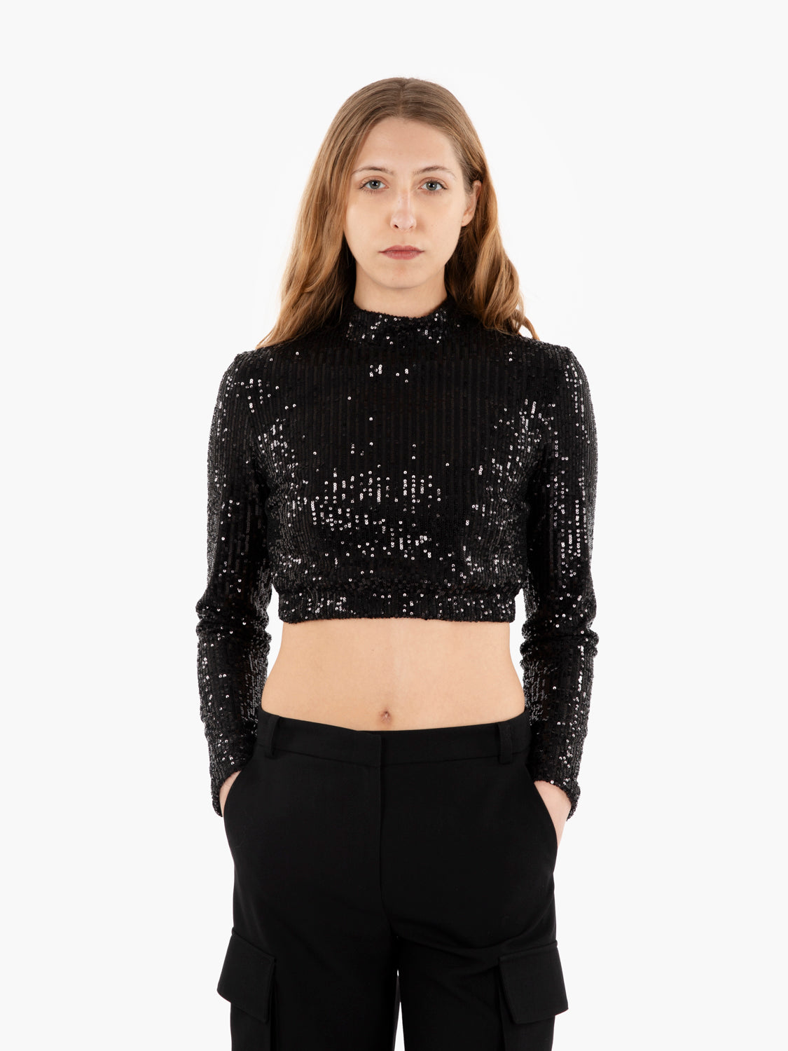 Top cropped con paillettes nero
