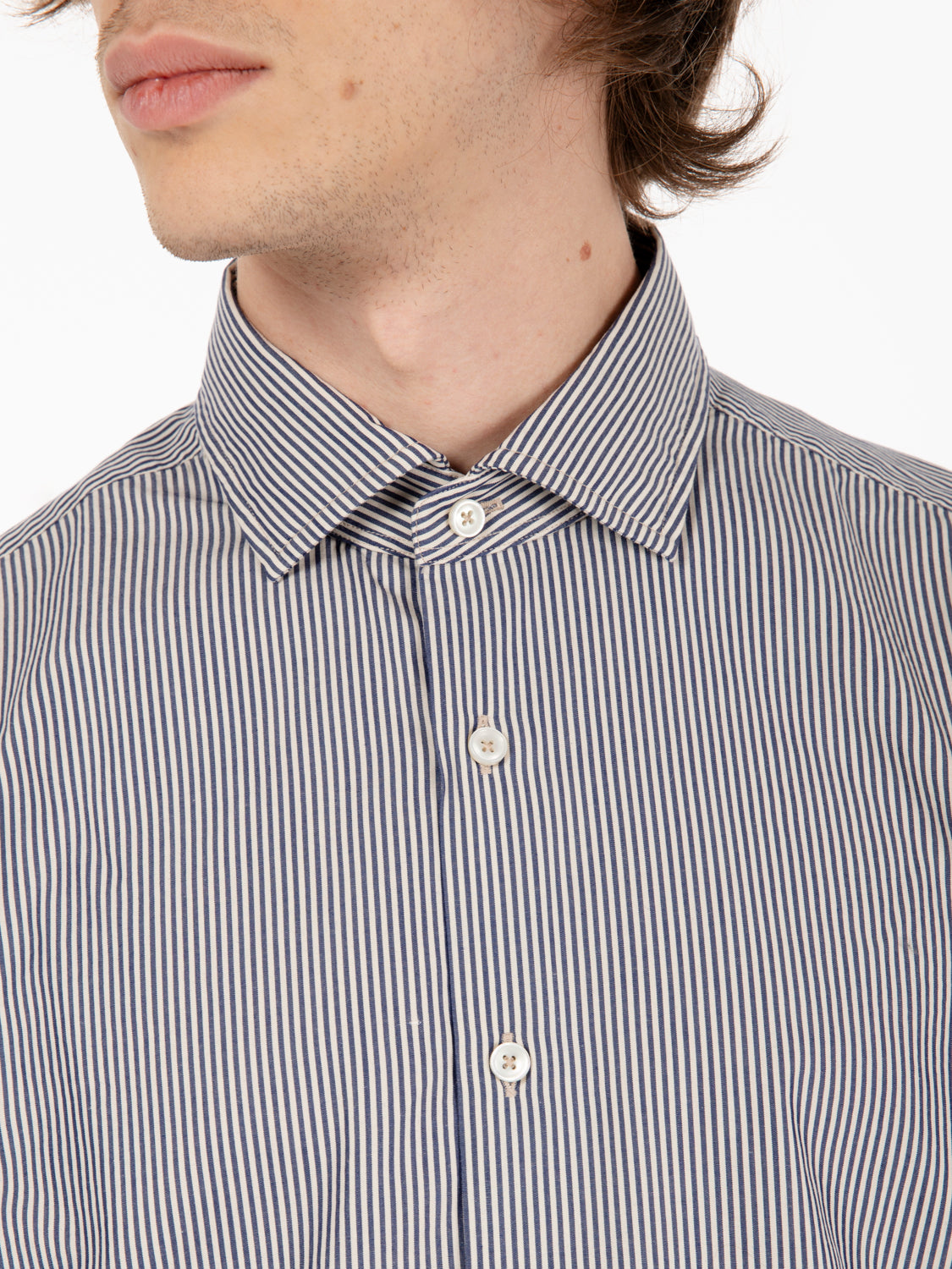 Shirt with micro vertical white/blue striped pattern