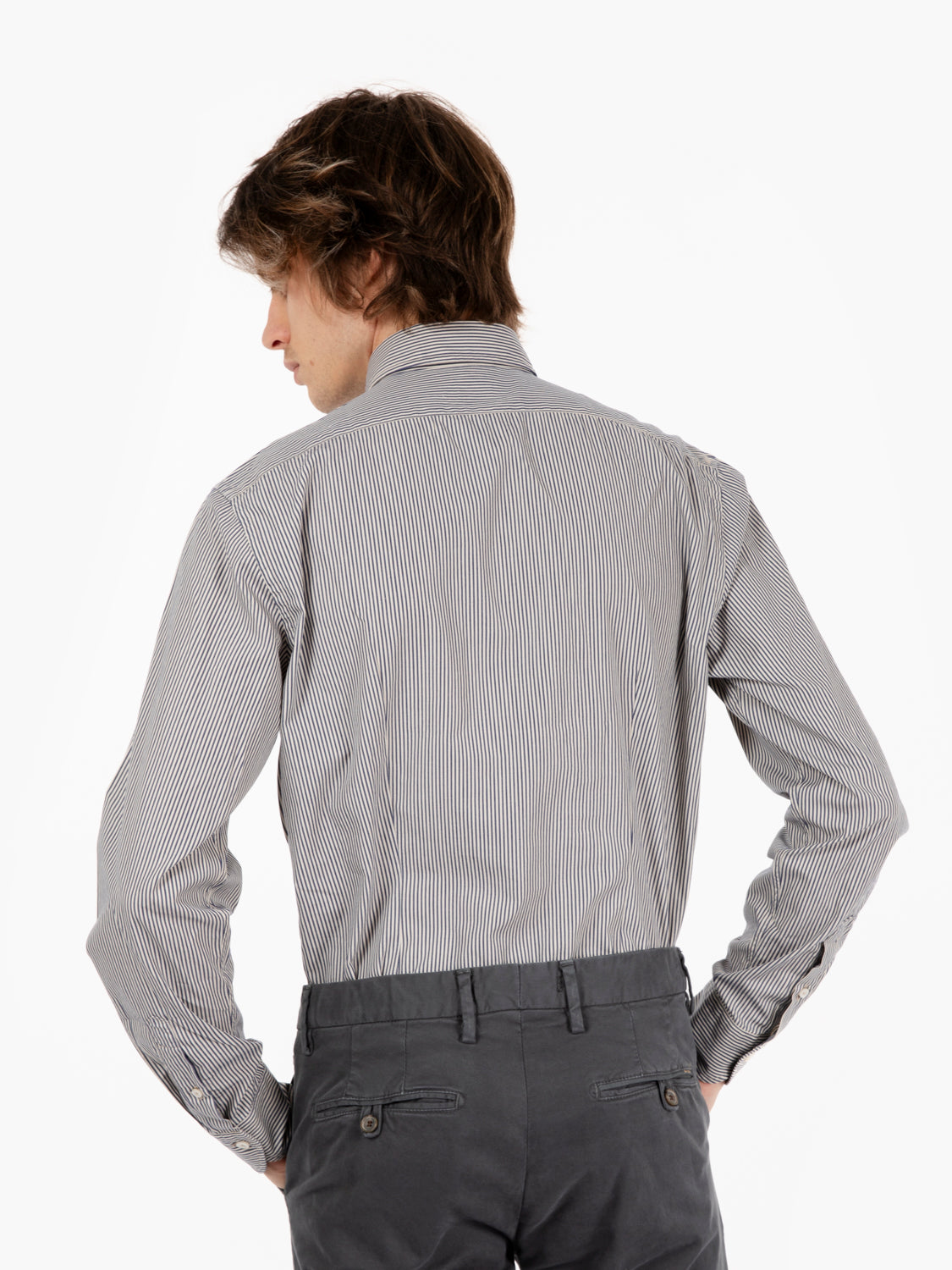 Shirt with micro vertical white/blue striped pattern
