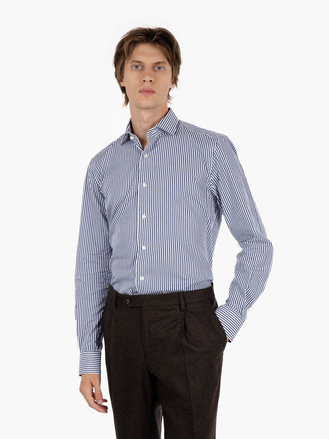 Camicia slim fit in cotone bacchetta blu