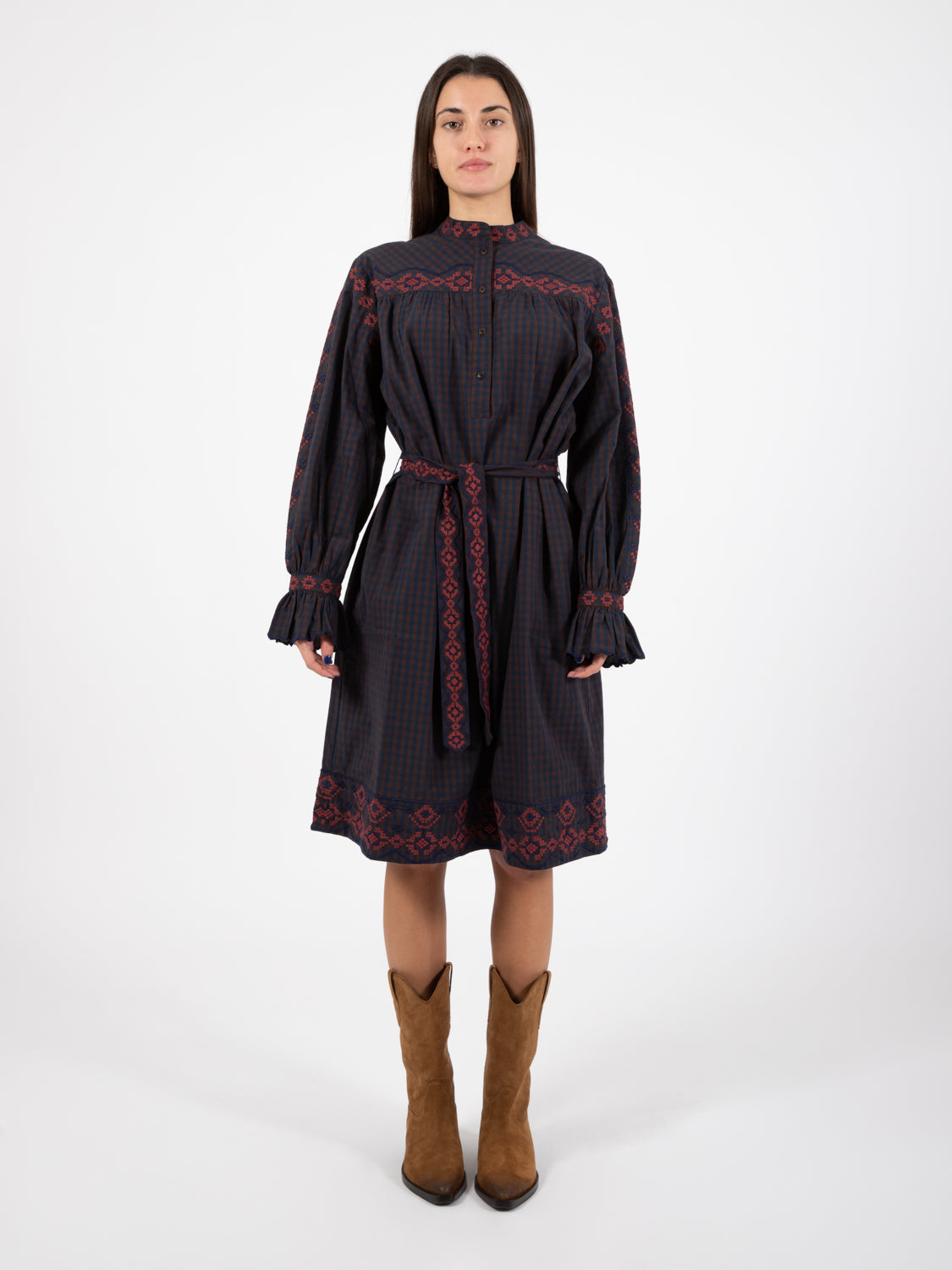 Abery Checked Dress Navy/Brown