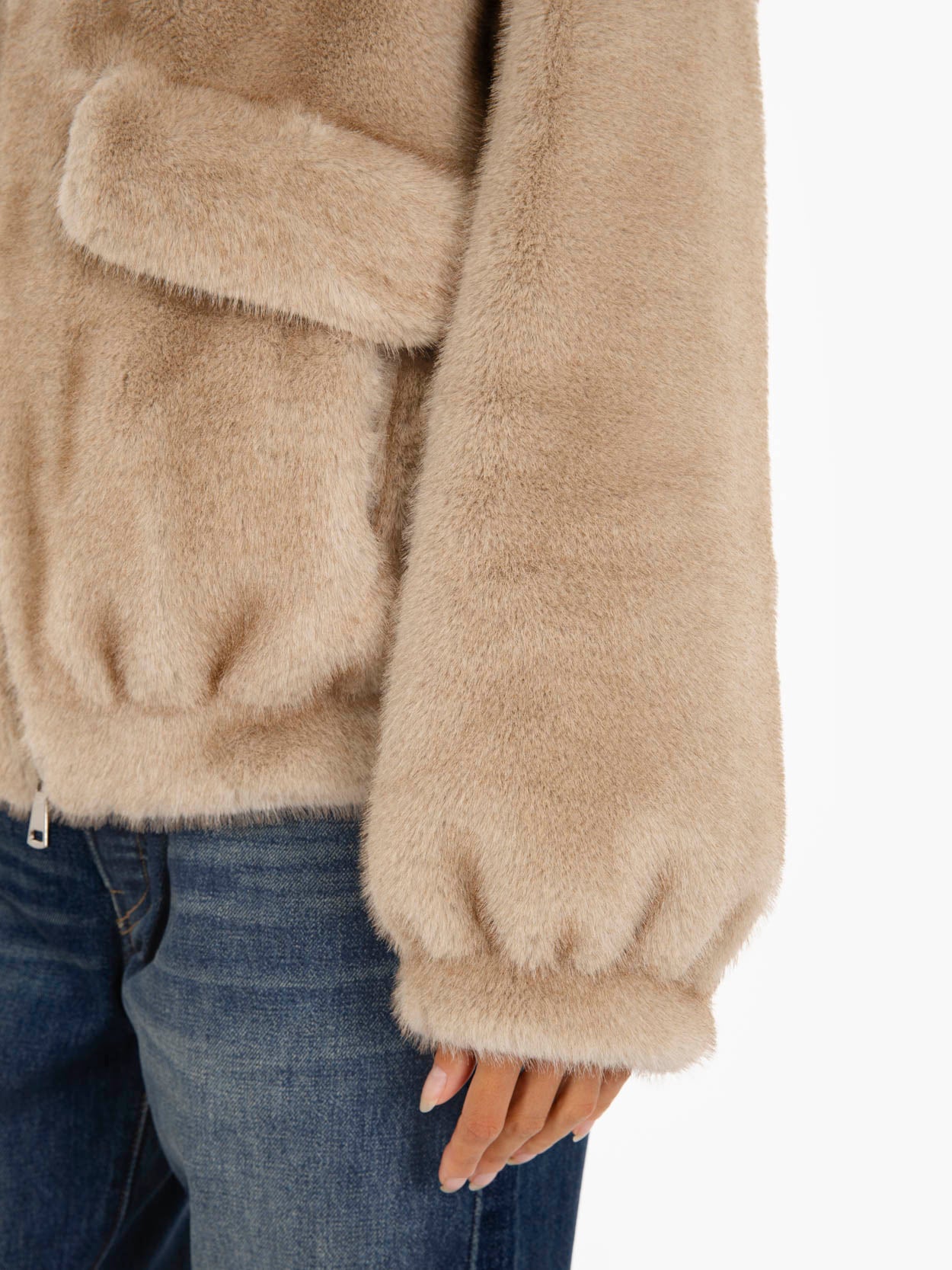 Beige faux fur bomber jacket