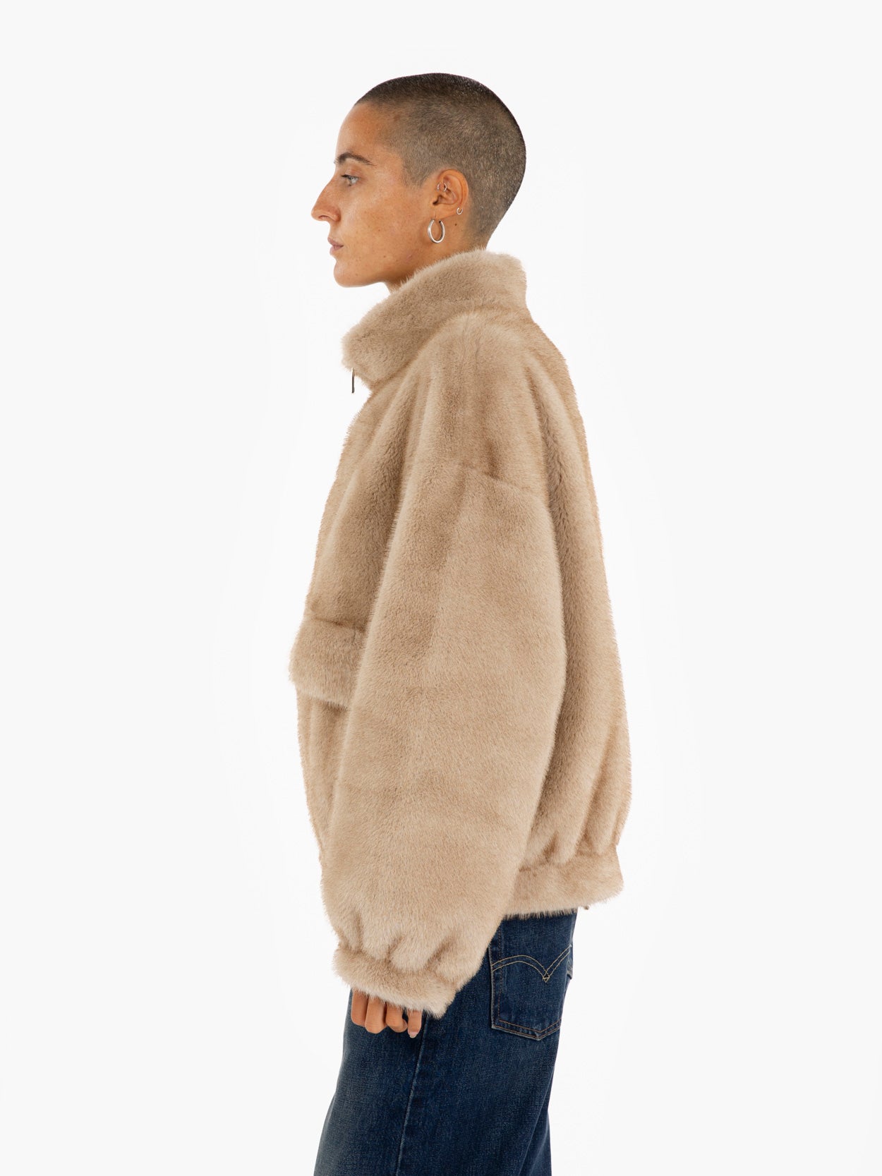Beige faux fur bomber jacket