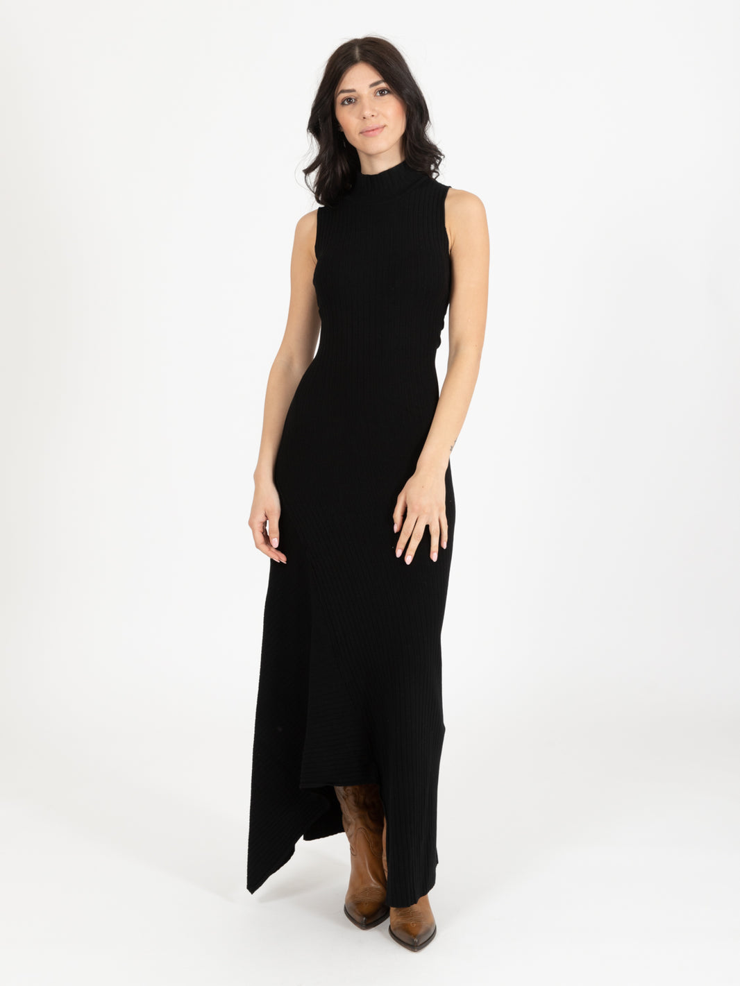 Black asymmetrical knitted dress
