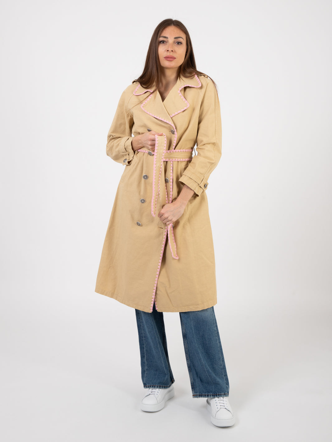 Beige embroidery military trench coat