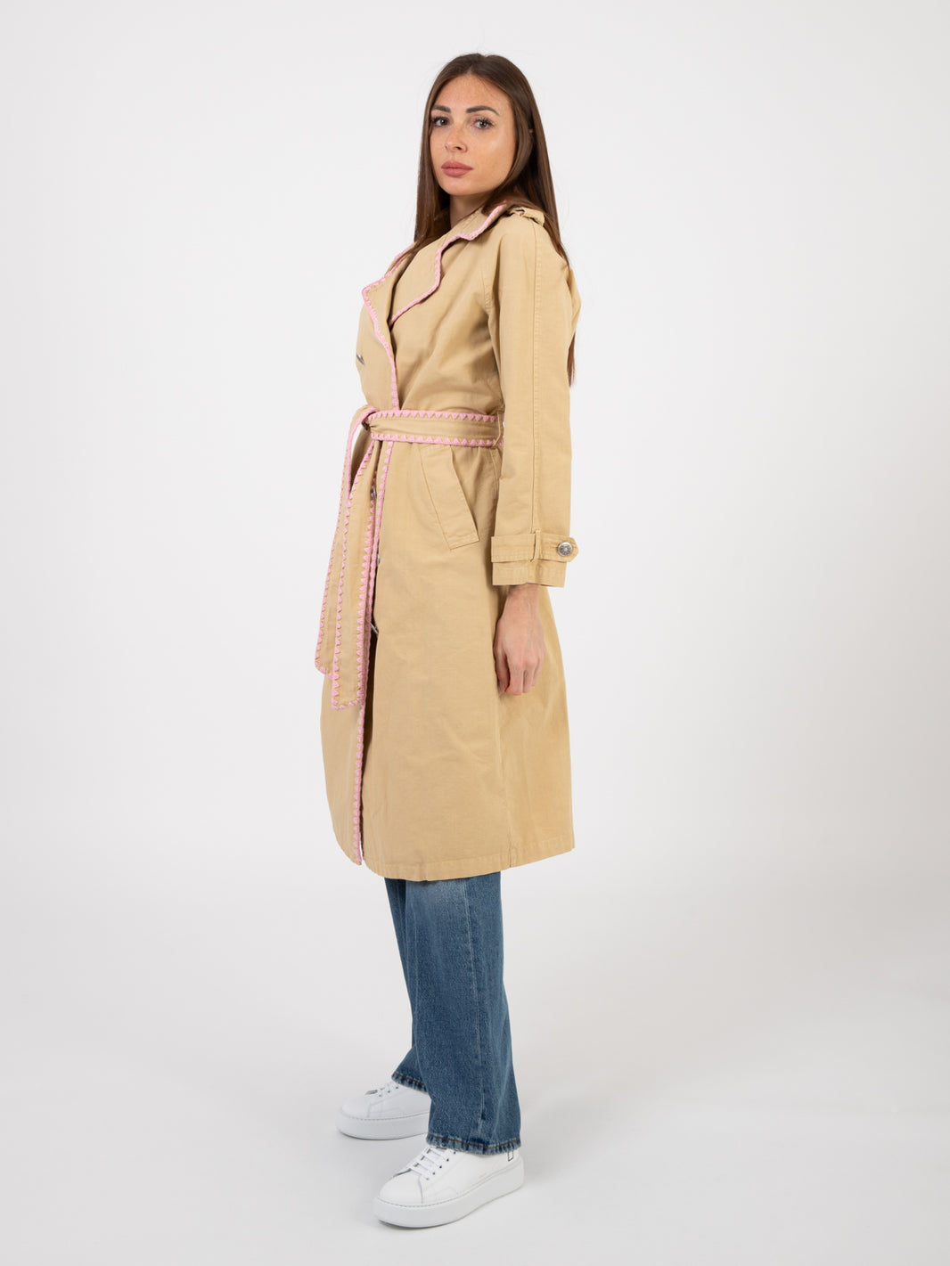Beige embroidery military trench coat