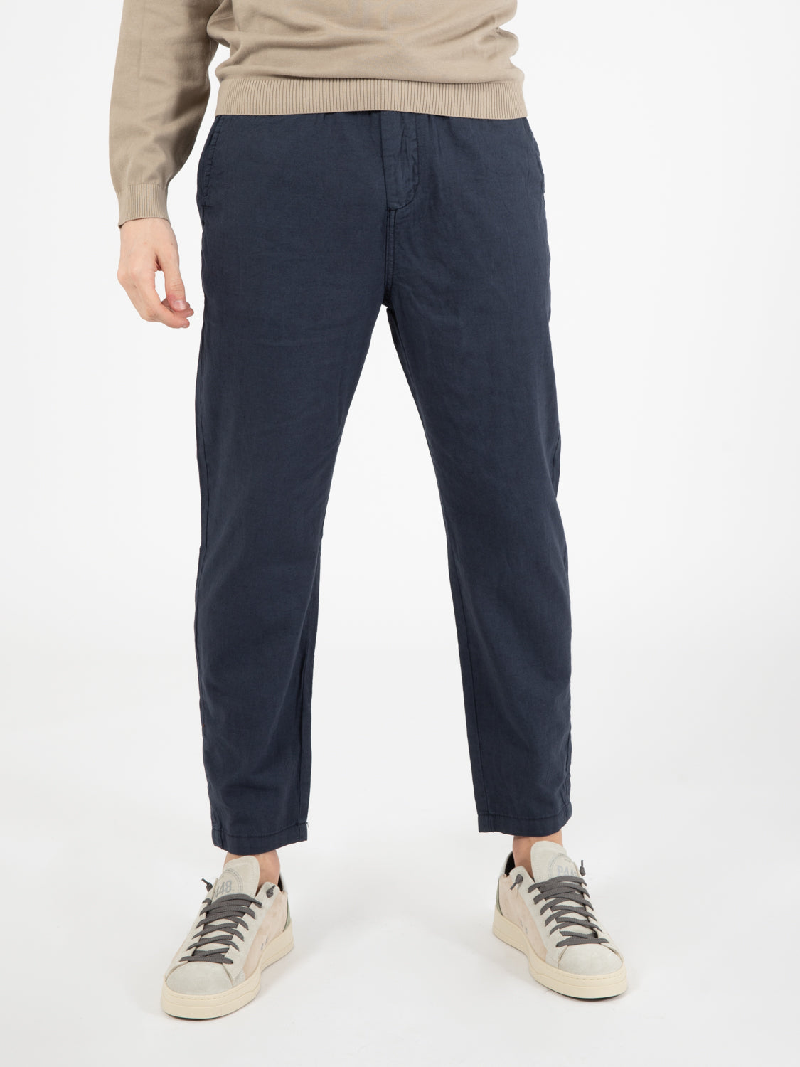 Long loose elastic mix linen navy chinos
