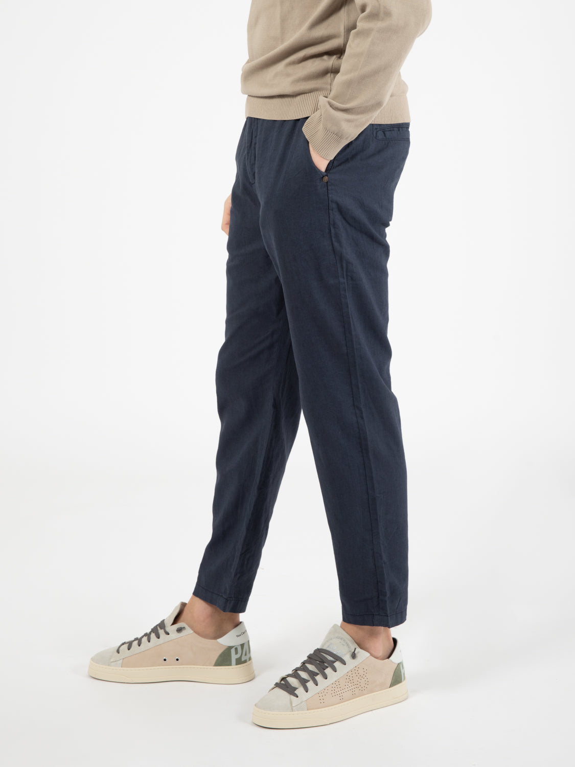 Long loose elastic mix linen navy chinos