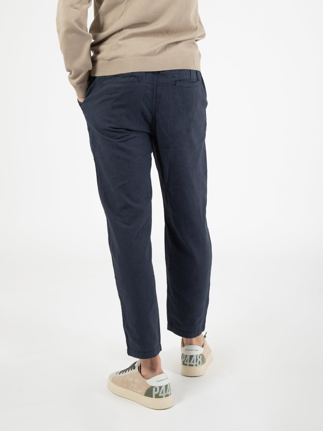 Long loose elastic mix linen navy chinos