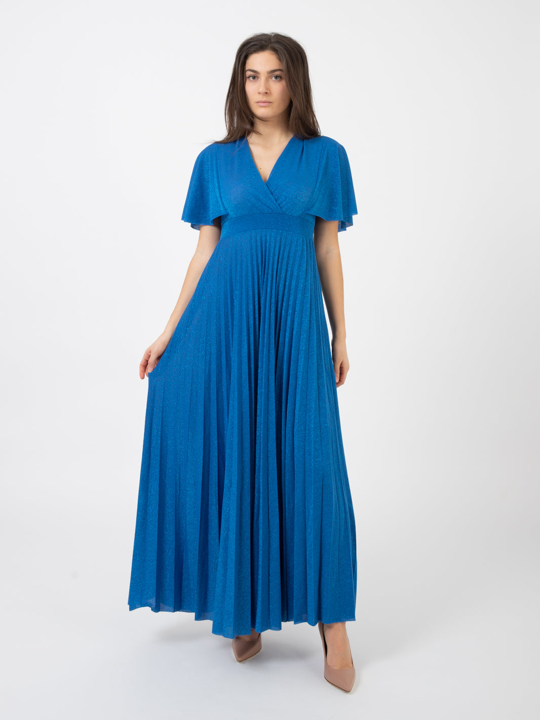 Cobalt pleated lurex long dress