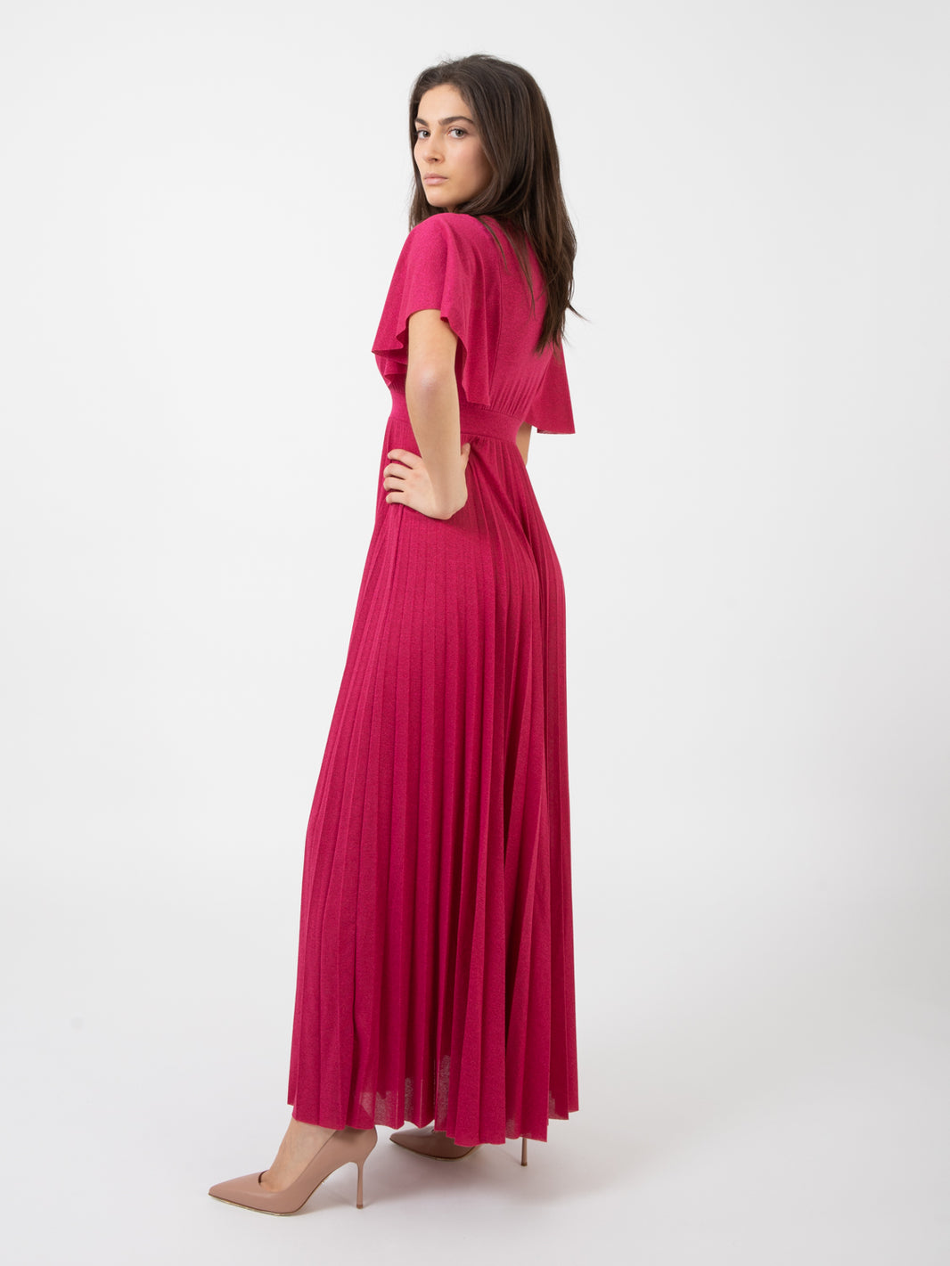 Long pleated lurex dress in fuchsia
