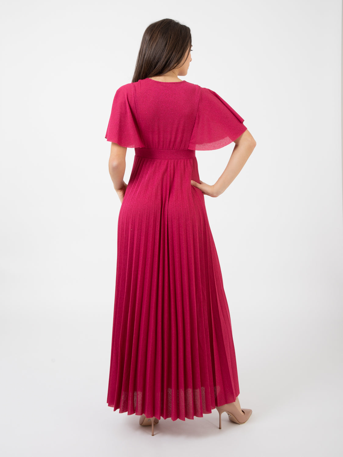 Abito lungo lurex plissé fuxia
