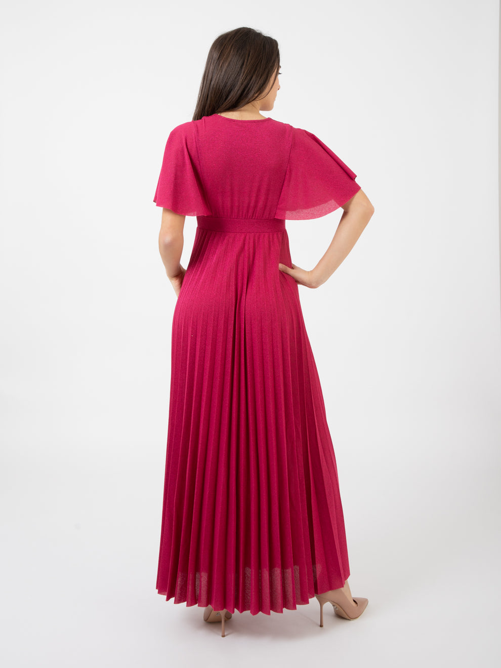 Abito lungo lurex plissé fuxia