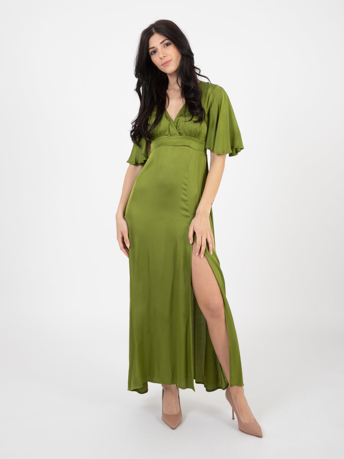 Abito lungo satinato verde
