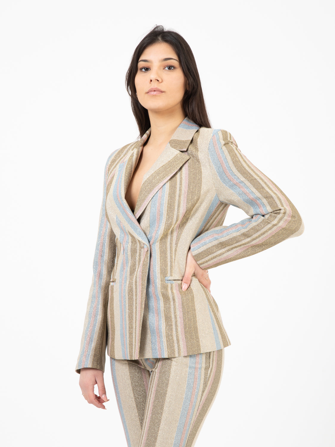 Blazer a righe glitterato beige / azzurro