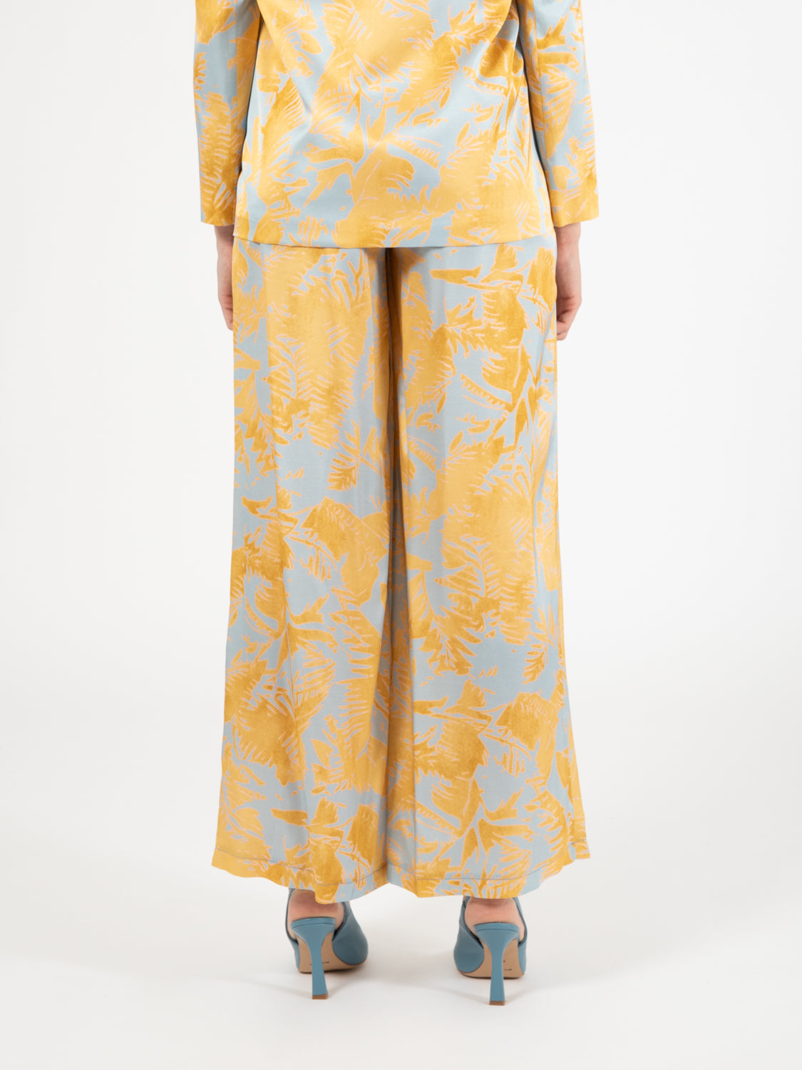 Pantaloni stampa foliage giallo / azzurro
