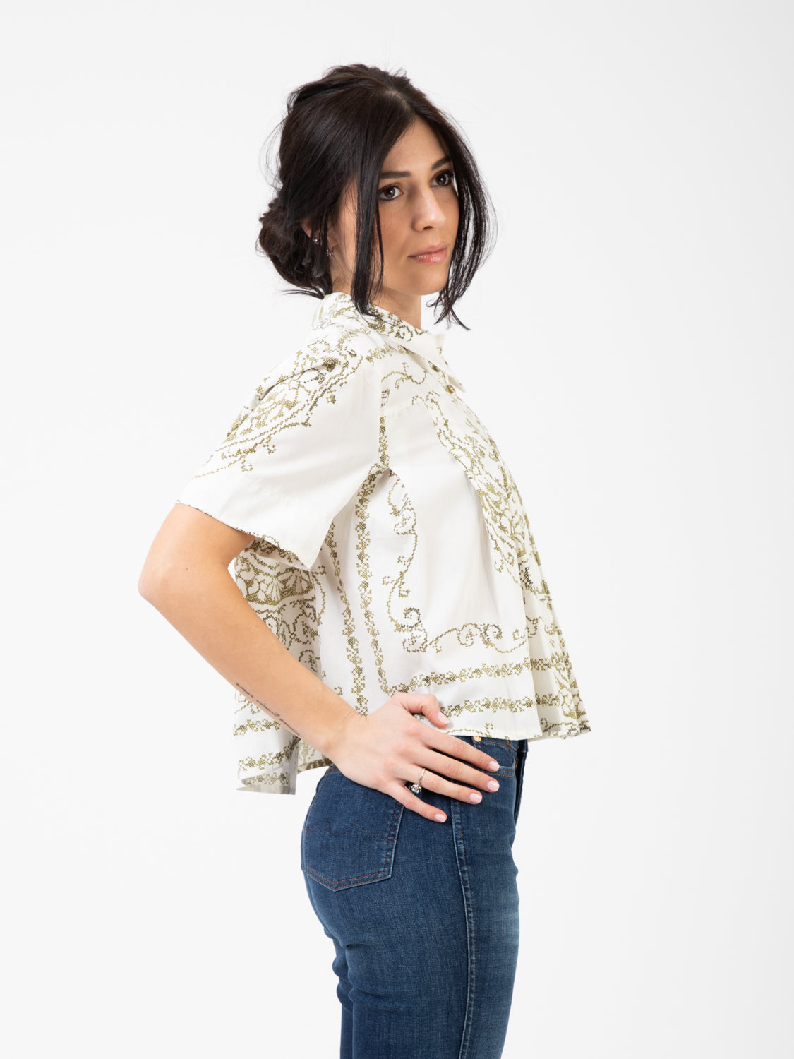 Camicia manica corta fantasia panna