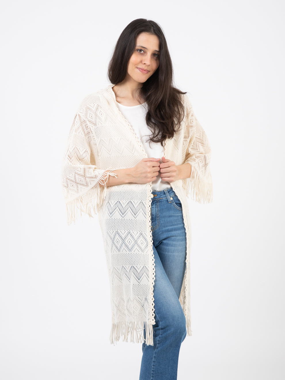 Ecru openwork cardigan with fringes