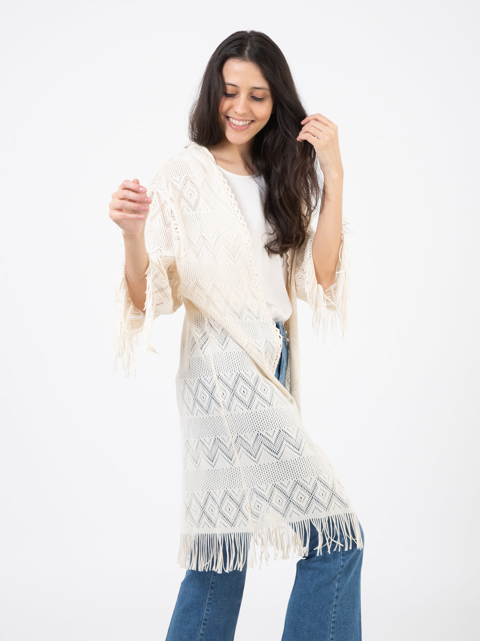 Ecru openwork cardigan with fringes