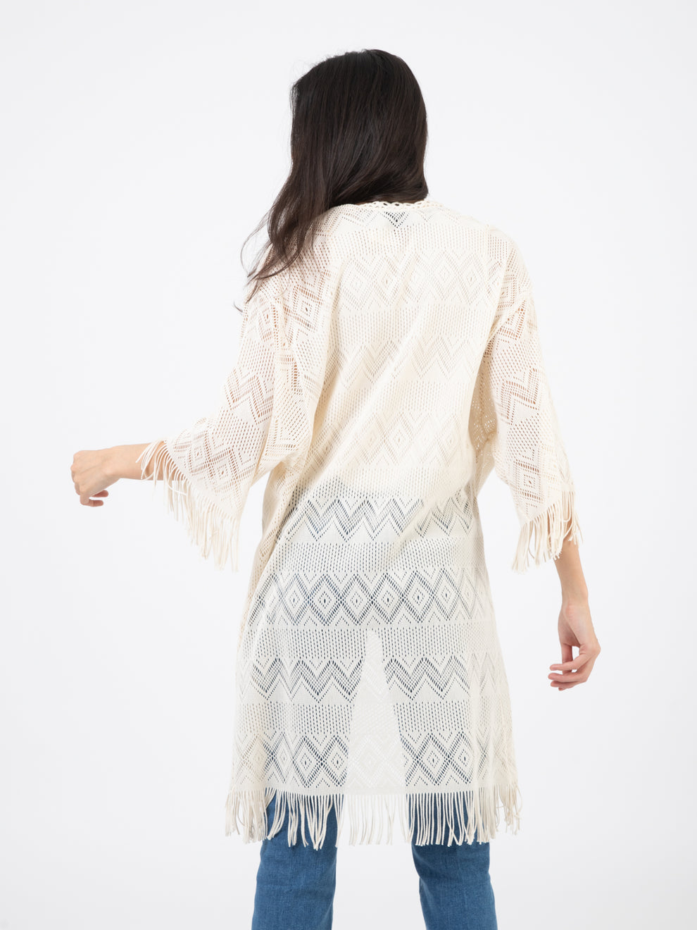 Ecru openwork cardigan with fringes