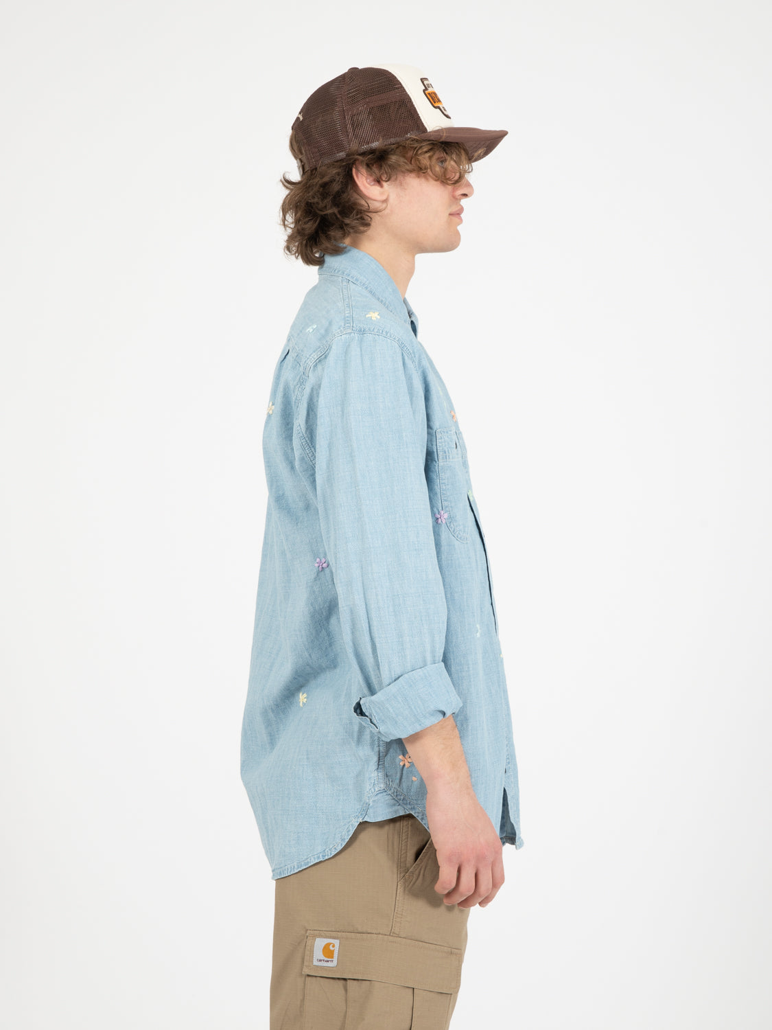 Kansas chambray hand embroidery flower old wash shirt
