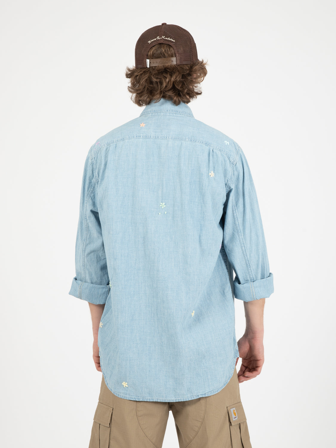 Kansas chambray hand embroidery flower old wash shirt