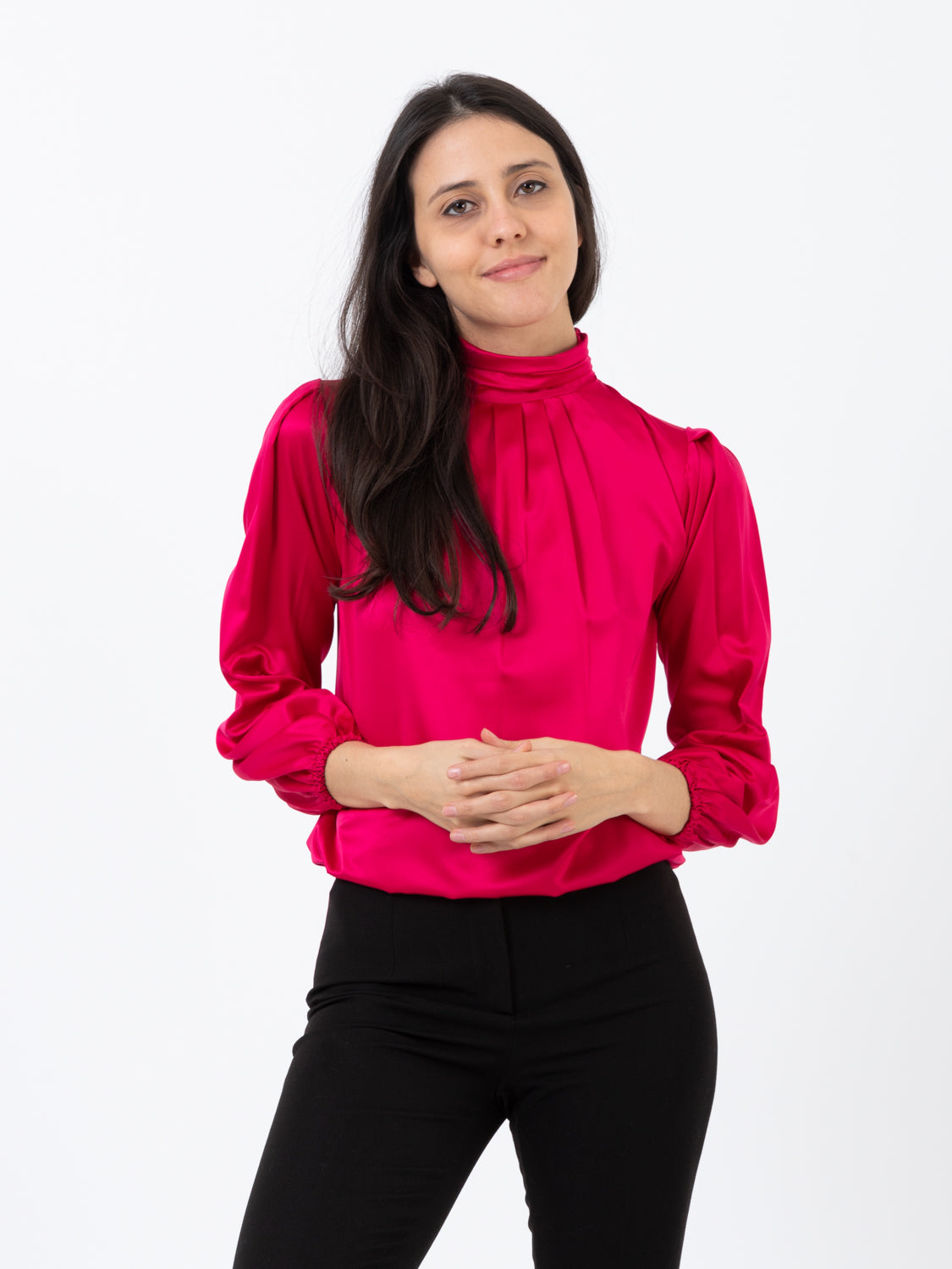 Camicia collo alto fuxia in raso