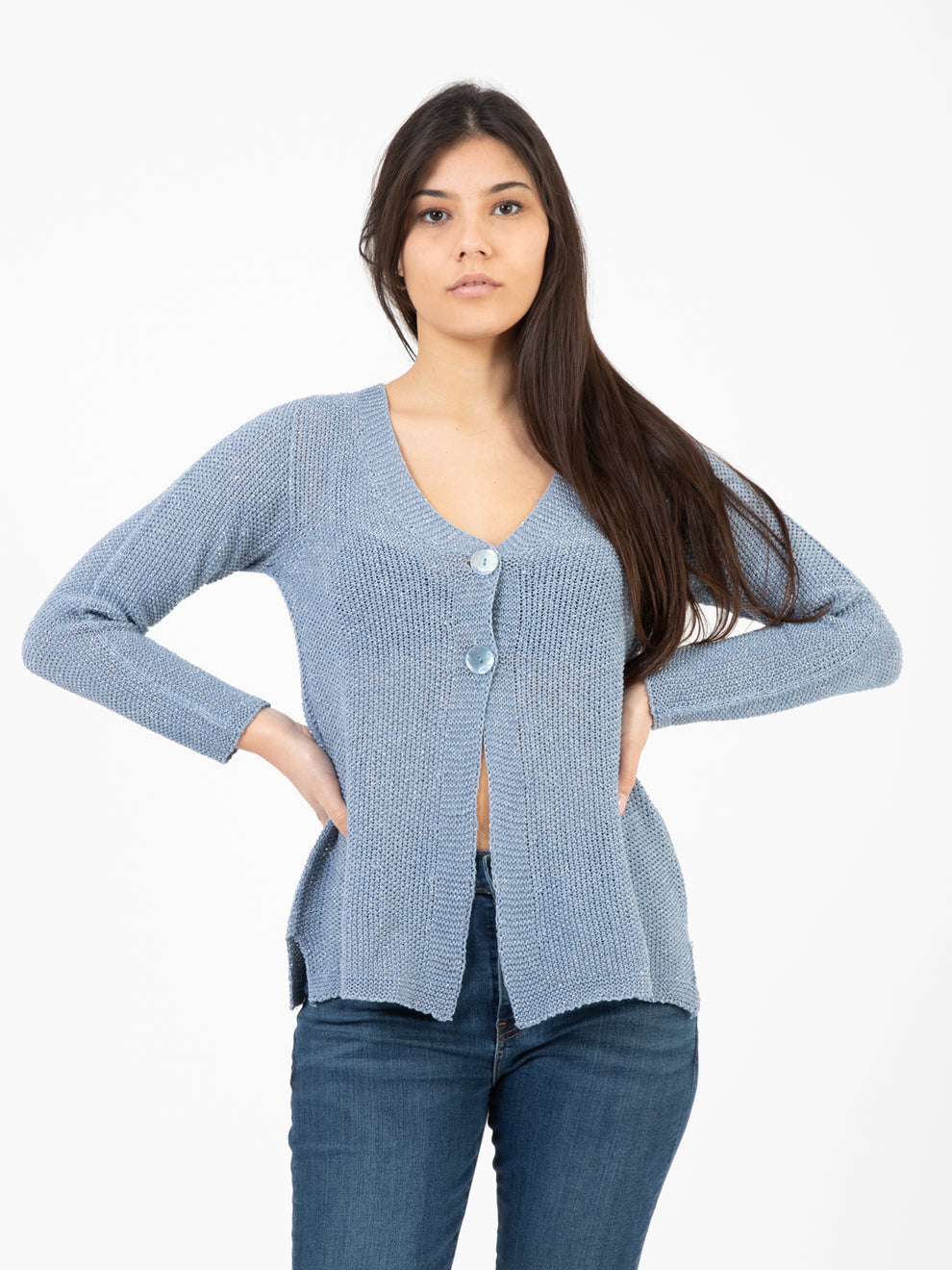 Long-sleeved cardigan in light blue lurex