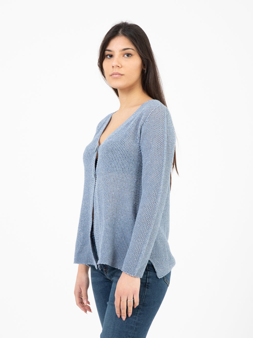 Long-sleeved cardigan in light blue lurex