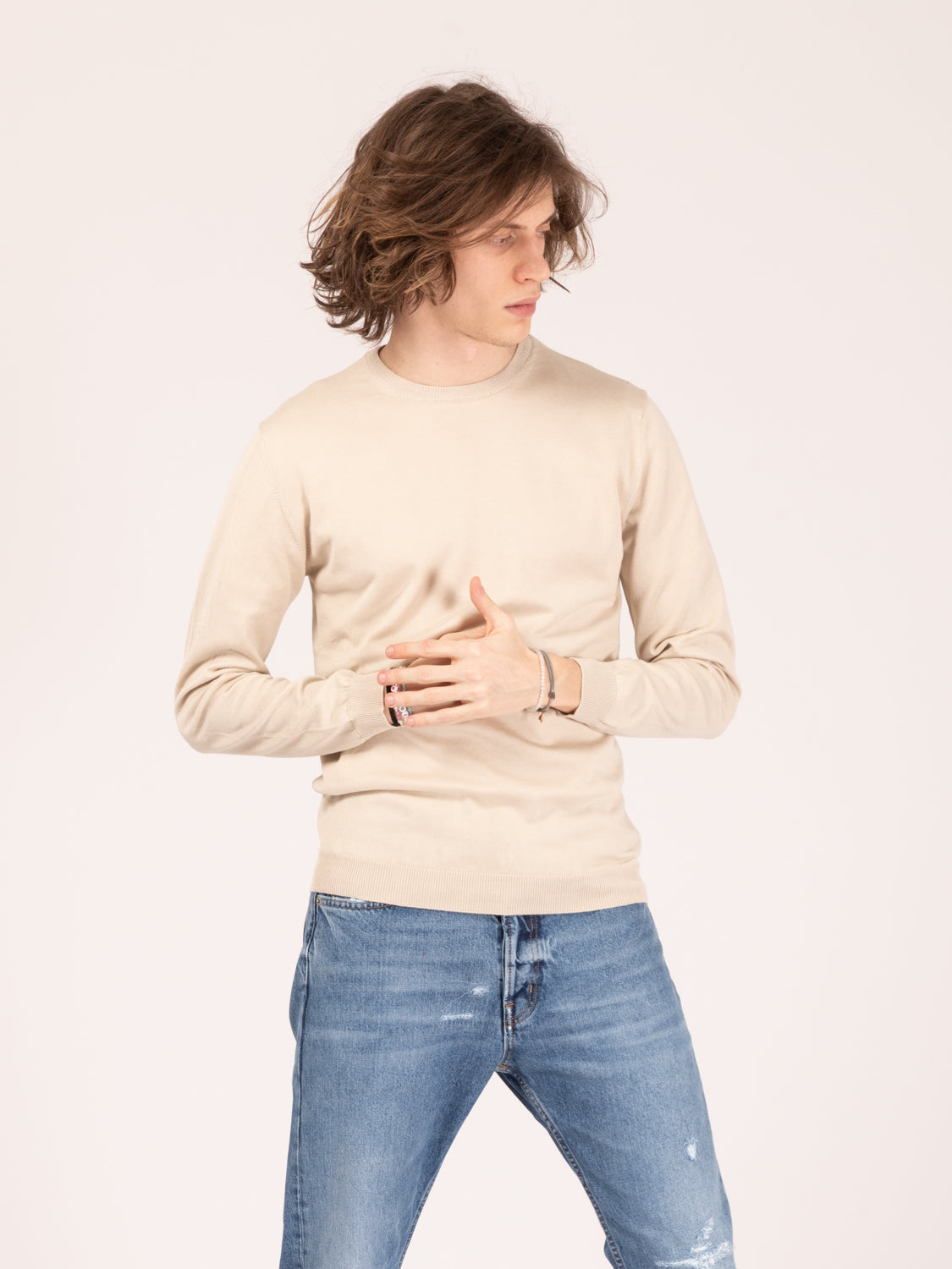 Maglia girocollo in cotone sabbia