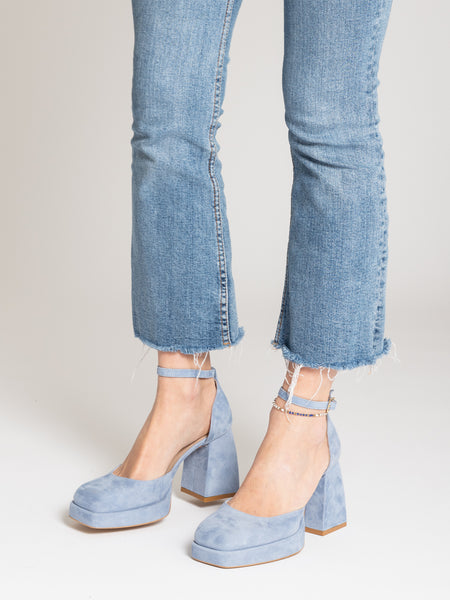 Sandali punta squadrata con plateau jeans