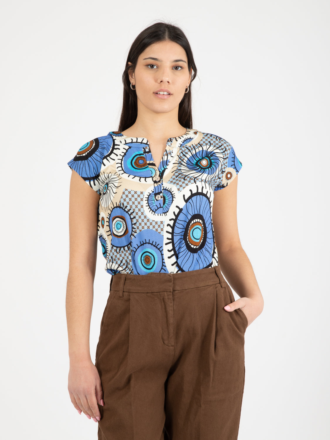 Blue patterned viscose T-shirt