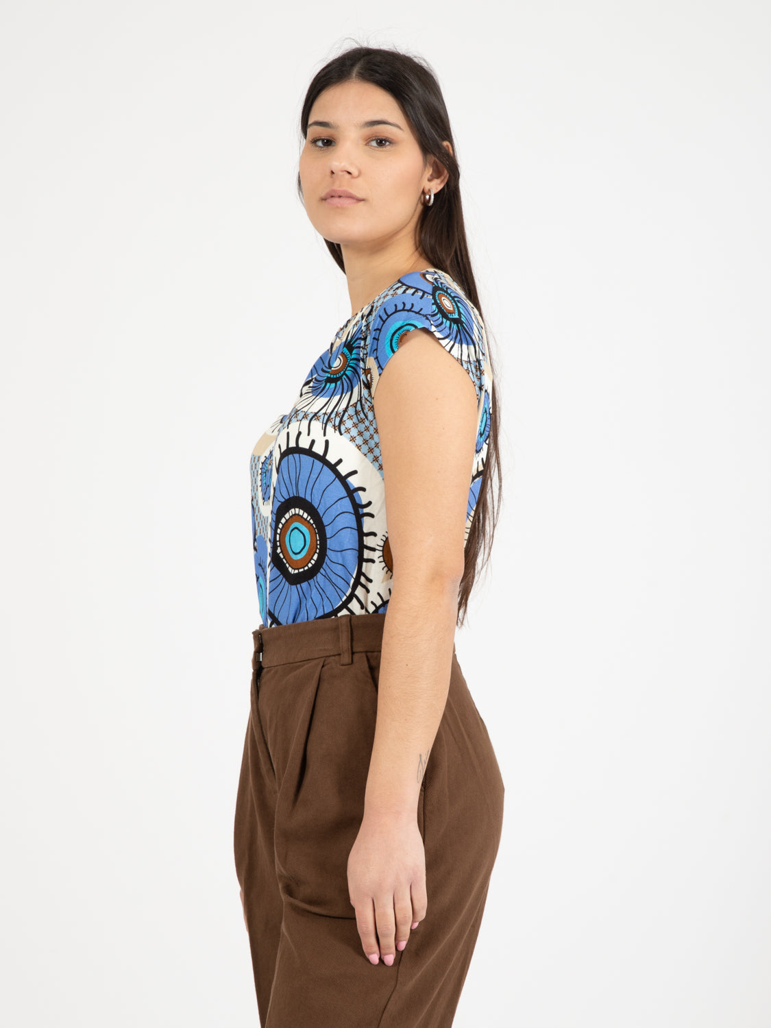 Blue patterned viscose T-shirt